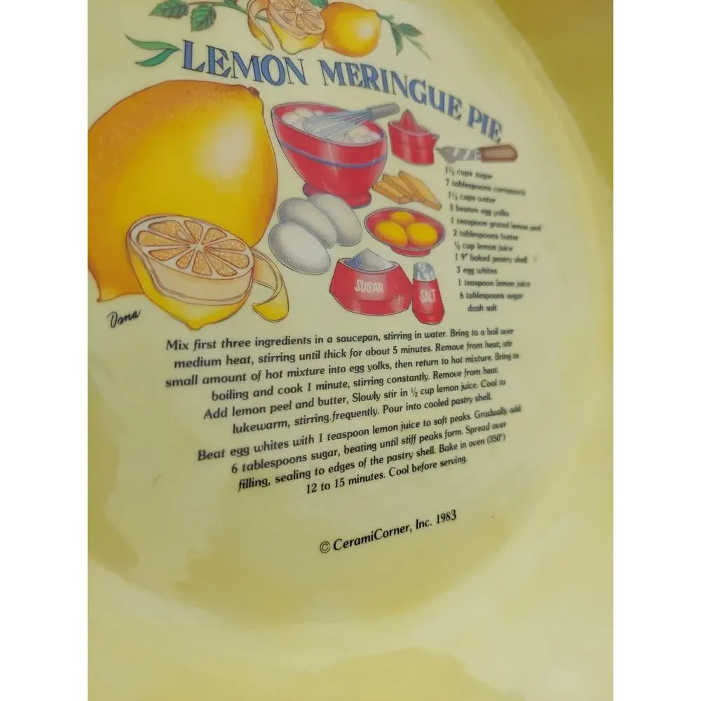Rare 1980s Vintage Creamy Yellow Lemon Meringue Pie Recipe/Baking Dish Plate